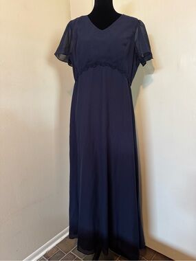 Navy Blue Formal Dress with Sheer Sleeves